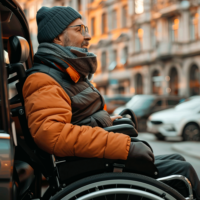 Man in winter coat and hat in wheelchair getting transportation help