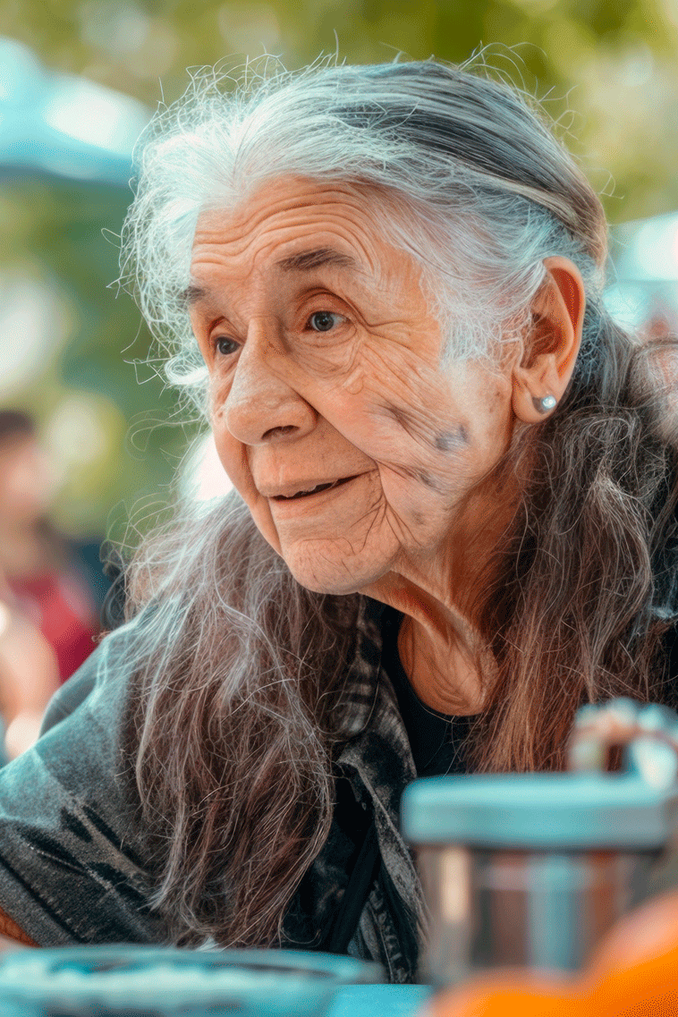 Older woman sharing a meal with companion in group dining
